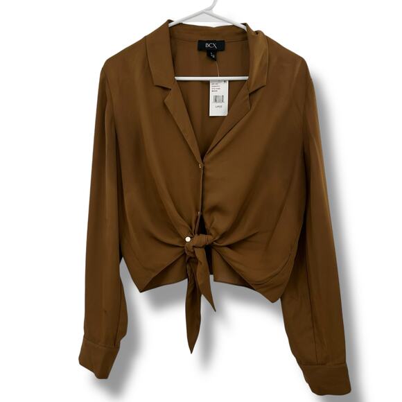 NEW BCX Retro Brown Tie Front Blouse SZ Large 70's Chiffon Boho Neutral Top NWT - Picture 4 of 11